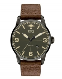 A vintage take on a classic look: an aviation-inspired timepiece from ESQ by Movado. Crafted of dark brown distressed leather strap and round gray PVD-finished stainless steel case. Black aviation-inspired dial with applied stick indices, numerals at three, six and nine o'clock, date window at four o'clock, three hands and plane logo at twelve o'clock. Swiss quartz movement. Water resistant to 50 meters. Two-year limited warranty. A vintage take on a classic look: an aviation-inspired timepiece from ESQ by Movado. Crafted of dark brown distressed leather strap and round gray PVD-finished stainless steel case. Black aviation-inspired dial with applied stick indices, numerals at three, six and nine o'clock, date window at four o'clock, three hands and plane logo at twelve o'clock. Swiss quartz movement. Water resistant to 50 meters. Two-year limited warranty.