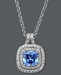 Pure elegance comes easy with Arabella. This stunning square-shaped pendant highlights a blue Swarovski zirconia (4-1/5 ct. t.w.) surrounded by dazzling round-cut white zirconias (7/8 ct. t.w.). Crafted in sterling silver. Approximate length: 18 inches. Approximate drop: 1/2 inch. Pure elegance comes easy with Arabella. This stunning square-shaped pendant highlights a blue Swarovski zirconia (4-1/5 ct. t.w.) surrounded by dazzling round-cut white zirconias (7/8 ct. t.w.). Crafted in sterling silver. Approximate length: 18 inches. Approximate drop: 1/2 inch.