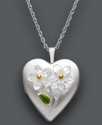 The perfect place for your tiniest keepsakes. This pretty pendant features a working locket design with engraved and painted floral details. Crafted from Mother of Pearl (8 mm) set in sterling silver with 14k gold accents. Approximate length: 18 inches. Approximate drop: 1 inch. The perfect place for your tiniest keepsakes. This pretty pendant features a working locket design with engraved and painted floral details. Crafted from Mother of Pearl (8 mm) set in sterling silver with 14k gold accents. Approximate length: 18 inches. Approximate drop: 1 inch.