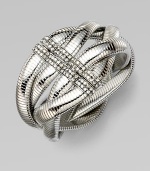 Interwoven bands of ribbed silvertone create a dramatic look, with a Swarovski crystal-set clasp.CrystalSilverplatedDiameter, about 2½Magnetic snap claspMade in Italy