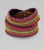Golden beads and chains are stitched with neon-bright cord onto a pink leather, double-wrap cuff in this edgy, urban design.LeatherGoldtoneCotton backingLength, about 15¾Width, about 2¾Stud snap closureImported