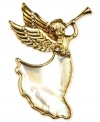 Trumpet in festive fashion with Jones New York. This darling box pin is styled in an angel design and is embellished with plastic stones and a mother-of-pearl finish. Crafted in gold tone mixed metal. Approximate length: 2-1/2 inches. Includes gift box.