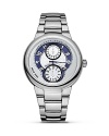 Philip Stein® active watch with stainless steel integrated bracelet strap and a butterfly buckle closure. Navy date and second subdials. Features single movement, Arabic numbers and a polished crown.