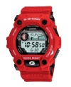 Engineered for your most rugged activities, this G-Shock is prepared to go everywhere you go. Red resin strap and round case. Shock-resistant, digital display dial features auto EL backlight with afterglow, flash alert, tide graph, moon data, world time, city code display, four multifunction alarms, hourly time signal, countdown timer, stopwatch, auto calendar and 12/24-hour formats. Quartz movement. Water resistant to 200 meters. One-year limited warranty.