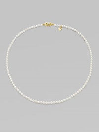 A single strand of luminous pearls with signature clasp closure.4mm white cultured pearls 18K yellow gold Length, about 16 Minuette clasp closure Imported A single strand of luminous pearls with signature clasp closure.4mm white cultured pearls 18K yellow gold Length, about 16 Minuette clasp closure Imported