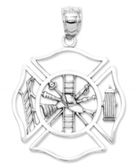 Honor a courageous fireman (or woman) with this symbolic charm. Crafted in 14k white gold, charm features a shield with a ladder, hat, and fire hydrant. Chain not included. Approximate length: 1-1/10 inches. Approximate width: 4/5 inch. Honor a courageous fireman (or woman) with this symbolic charm. Crafted in 14k white gold, charm features a shield with a ladder, hat, and fire hydrant. Chain not included. Approximate length: 1-1/10 inches. Approximate width: 4/5 inch.