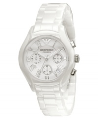 Pure style by Emporio Armani. This fresh watch features a white ceramic strap and round case. White chronograph dial with silvertone Roman numerals, logo, date window and three subdials. Analog movement. Water resistant to 30 meters. Two-year limited warranty. Pure style by Emporio Armani. This fresh watch features a white ceramic strap and round case. White chronograph dial with silvertone Roman numerals, logo, date window and three subdials. Analog movement. Water resistant to 30 meters. Two-year limited warranty.