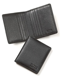 From BOSS Black, the slim pebbled leather bifold wallet, outfitted with six card slots and one bill slot. From BOSS Black, the slim pebbled leather bifold wallet, outfitted with six card slots and one bill slot.