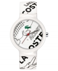 The great gator creeps along this chic, black and white watch from the one and only Lacoste. Black and white logo patterned silicone strap. White plastic round case and round black and white patterned dial with logo. Quartz movement. Water resistant to 30 meters. Two-year limited warranty. The great gator creeps along this chic, black and white watch from the one and only Lacoste. Black and white logo patterned silicone strap. White plastic round case and round black and white patterned dial with logo. Quartz movement. Water resistant to 30 meters. Two-year limited warranty.
