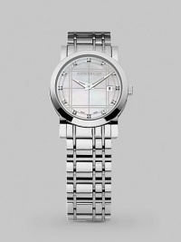 The signature Burberry check is the inspiration for a stylish timepiece with a stainless bracelet and patterned dial. Quartz movement Water-resistant to 5 ATM/50m Solid stainless steel case Mother-of-pearl check dial 12 diamond index markers, tcw .06 Number markers Second hand Date display Round case, 28mm, 1.1 Bracelet width, 16mm, 0.63 Made in Switzerland The signature Burberry check is the inspiration for a stylish timepiece with a stainless bracelet and patterned dial. Quartz movement Water-resistant to 5 ATM/50m Solid stainless steel case Mother-of-pearl check dial 12 diamond index markers, tcw .06 Number markers Second hand Date display Round case, 28mm, 1.1 Bracelet width, 16mm, 0.63 Made in Switzerland