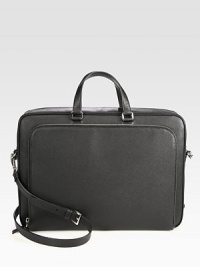 Textured saffiano leather briefcase with front zip pocket detail and adjustable shoulder strap for added comfort.Zip closureDouble top handlesAdjustable shoulder strapInterior zip pocketsLeather16W x 12H x 3DMade in Italy Textured saffiano leather briefcase with front zip pocket detail and adjustable shoulder strap for added comfort.Zip closureDouble top handlesAdjustable shoulder strapInterior zip pocketsLeather16W x 12H x 3DMade in Italy