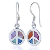 925 Sterling Silver Multi-Colored Mother of Pearl Shell Peace Sign Round Dangle Hook Earrings Fashion Jewelry for Women, Teens, Girls - Nickel Free