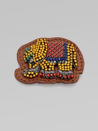 An exotic design with colorful stones and metallic accents on a supple leather back. LeatherGlass stonesBrassCopper and silk accentsSize, about 2½Pin backMade in Italy An exotic design with colorful stones and metallic accents on a supple leather back. LeatherGlass stonesBrassCopper and silk accentsSize, about 2½Pin backMade in Italy