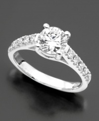 A burst of sparkle for timeless elegance. A round-cut diamond (1-1/2 ct. t.w.) engagement ring twinkles with diamonds on both sides, set in a beautiful 14k white gold. A burst of sparkle for timeless elegance. A round-cut diamond (1-1/2 ct. t.w.) engagement ring twinkles with diamonds on both sides, set in a beautiful 14k white gold.