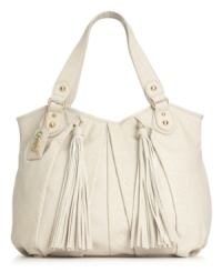 Embrace your exotic instincts with this chic snakeskin-print tote from Carlos by Carlos Santana. Ruched detailing and flirty tassels adorn the outside, while the spacious interior transports all your essentials with ease. Embrace your exotic instincts with this chic snakeskin-print tote from Carlos by Carlos Santana. Ruched detailing and flirty tassels adorn the outside, while the spacious interior transports all your essentials with ease.