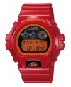 Shock and awe with a dramatic, sporty watch by G-Shock. Red resin strap and round case. Logo at bezel. Shock-resistant, digital display dial with EL backlight, flash alert, multifunction alarm, countdown timer and stopwatch. Quartz movement. Water resistant to 200 meters. One-year limited warranty.