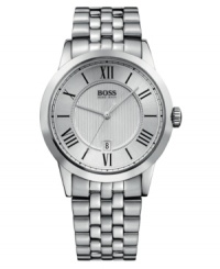 Sleek modern style, on the dot. This Hugo Boss watch features a silvertone stainless steel bracelet and round case. Round silvertone dial with logo, date window and roman numeral indices. Quartz movement. Water resistant to 30 meters. Two-year limited warranty. Sleek modern style, on the dot. This Hugo Boss watch features a silvertone stainless steel bracelet and round case. Round silvertone dial with logo, date window and roman numeral indices. Quartz movement. Water resistant to 30 meters. Two-year limited warranty.