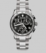 A modern look with classic chronograph functionality, set on a round black dial with a stainless steel bracelet. Round bezel Quartz movement Three-eye chronograph functionality Water resistant to 3 ATM Date function at 4 o'clock Second hand Stainless steel case: 44mm (1.73) Imported 