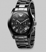 A sophisticated classic is updated in lightweight ceramic with three-eye chronograph functionality and silver Roman numerals. Second hand Date display at 4:30 Round case, 42mm, 1.65 Lacquered ceramic bracelet, 22mm, 0.87 Water resistant to 3 ATM Quartz movement Imported 
