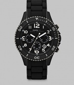 A signature design with timeless elements, set in stainless steel with tonal textures, a three-eye chronograph function and date display, stylishly finished with a smooth, silicone wrap bracelet.Chronograph movementRound bezelWater resistant to 5ATMDate display at 5 o'clock Second handStainless steel case: 46mm(1.81)Silicone wrap braceletImported