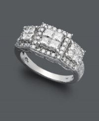 For the woman who can't get enough sparkle, this dramatic diamond ring is just for you! Dozens of round and square-cut diamonds (1-1/2 ct. t.w.) form a square-shaped, three stone pattern. Crafted in 14k white gold. For the woman who can't get enough sparkle, this dramatic diamond ring is just for you! Dozens of round and square-cut diamonds (1-1/2 ct. t.w.) form a square-shaped, three stone pattern. Crafted in 14k white gold.