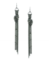 Dust your shoulders with this flaunt-worthy style. BCBGeneration's fringe earrings feature dangling chains knotted together to create a look that's got extra attitude. Crafted in oxidized silver tone mixed metal. Approximate drop: 3-1/2 inches. Dust your shoulders with this flaunt-worthy style. BCBGeneration's fringe earrings feature dangling chains knotted together to create a look that's got extra attitude. Crafted in oxidized silver tone mixed metal. Approximate drop: 3-1/2 inches.