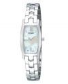 Pair this angelic Pulsar timepiece with your dearest dress for a truly special evening. Crafted of stainless steel bracelet and rounded rectangular case. Mother-of-pearl dial features silver-tone Roman numerals at six and twelve o'clock, applied stick indices, hour and minute hands and logo. Quartz movement. Water resistant to 30 meters. Three-year limited warranty.