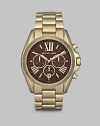 A distinguished timepiece in goldtone stainless steel with a technical chronograph dial. Quartz movementWater resistant to 10 ATMRound goldton stainless steel case, 43mm (1.7)Smooth bezelBrown chronograph dialRoman numeral and bar hour markersDate display at 6 o'clockSecond hand Goldtone stainless steel link braceletImported