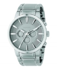 For work or relaxation, this Fossil watch is a dashing addition to your look. Stainless steel bracelet and oversized round case. Silvertone chronograph dial with etched logo, stick indices and three subdials. Quartz movement. Water resistant to 50 meters. 11-year limited warranty. Packaged in a collectible tin. For work or relaxation, this Fossil watch is a dashing addition to your look. Stainless steel bracelet and oversized round case. Silvertone chronograph dial with etched logo, stick indices and three subdials. Quartz movement. Water resistant to 50 meters. 11-year limited warranty. Packaged in a collectible tin.
