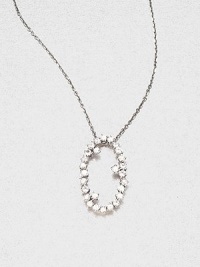 Sparkling white sapphires set in 14k white gold with a open oval design on a delicate link chain. White sapphire14k white goldLength, about 16Pendant size, about .6 Spring ring closureMade in USA Sparkling white sapphires set in 14k white gold with a open oval design on a delicate link chain. White sapphire14k white goldLength, about 16Pendant size, about .6 Spring ring closureMade in USA