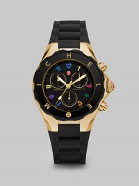 From the Tahitian Jelly Bean Collection. A sporty timepiece with goldtone stainless steel accents, enamel dial and silicone strap. Swiss quartz movementWater resistant to 5 ATMRound goldtone stainless steel case, 40mm (1.5)Logo bezelSunray chronograph dialNumeric hour markersSecond hand Black silicone strapImported From the Tahitian Jelly Bean Collection. A sporty timepiece with goldtone stainless steel accents, enamel dial and silicone strap. Swiss quartz movementWater resistant to 5 ATMRound goldtone stainless steel case, 40mm (1.5)Logo bezelSunray chronograph dialNumeric hour markersSecond hand Black silicone strapImported