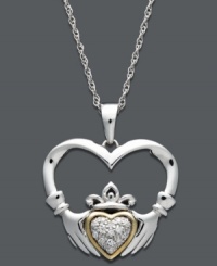 Embrace your Irish heritage. This symbolic pendant features an intricate Claddagh design crafted from sterling silver with 14k gold and sparkling diamond accents. Approximate length: 18 inches. Approximate drop: 1 inch. Embrace your Irish heritage. This symbolic pendant features an intricate Claddagh design crafted from sterling silver with 14k gold and sparkling diamond accents. Approximate length: 18 inches. Approximate drop: 1 inch.