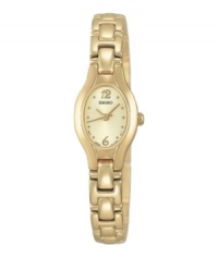 This slender goldtone watch lends an accent of elegance to every look - from office to after-hours. Quartz movement, oval dial. Water resistant up to 30 meters. 16mm. This slender goldtone watch lends an accent of elegance to every look - from office to after-hours. Quartz movement, oval dial. Water resistant up to 30 meters. 16mm.
