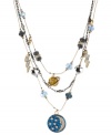 Lunar love. Betsey Johnson's illusion necklace is crafted from antique gold- and hematite-tone mixed metal, with glitter and glass crystal accents in orbit around a blue glitter moon medallion. Approximate length: 16 inches + 3-inch extender. Approximate drop: 3-1/2 inches.