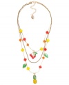 Who knew fruit could be so fashionable? Betsey Johnson's antique gold tone mixed metal necklace is a colorful mixed bag: pineapple with green details and crystal accents, red cherries, green and gold-tone leaves, red, yellow, and red faceted beads. Approximate length: 16 inches + 3-inch extender. Approximate drop: 3-3/4 inches.