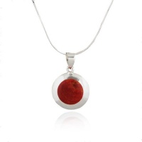925 Sterling Silver Red Bamboo Coral Inlay Round Pendant Necklace 18'' 925 Sterling Silver Red Bamboo Coral Inlay Round Pendant Necklace 18''