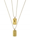 Peace and Love. This double-drop pendant necklace from RACHEL Rachel Roy features two dog-tag inspired charms with Choose Love and Peace engravings. Finished with subtle glass accents. Crafted in worn gold tone mixed metal. Approximate length: 21-1/2 inches. Approximate drop: 1-1/4 inches.