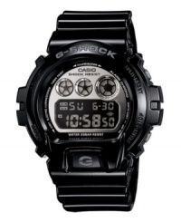 Dress up your G-Shock style with this bold, mirrored face. Metallic black resin strap and round case. Shock-resistant and mirrored negative display digital dial features EL backlight, flash alert, multi-function alarm, stopwatch, countdown timer and 12/24-hour formats. Digital movement. Water resistant to 200 meters. One-year limited warranty. Dress up your G-Shock style with this bold, mirrored face. Metallic black resin strap and round case. Shock-resistant and mirrored negative display digital dial features EL backlight, flash alert, multi-function alarm, stopwatch, countdown timer and 12/24-hour formats. Digital movement. Water resistant to 200 meters. One-year limited warranty.