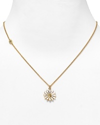 14 kt. yellow gold-plated brass. Gift boxed. Lobster clasp. White enamel daisy pendant with yellow crystal center. 14 kt. yellow gold-plated brass. Gift boxed. Lobster clasp. White enamel daisy pendant with yellow crystal center.