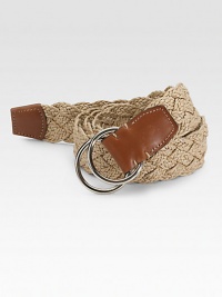 EXCLUSIVELY OURS. Supreme style for the casual man, carefully woven in linen with a steel O-ring buckle. Leather cookie point Steel O-ring buckle About 1¼ wide Made in USA EXCLUSIVELY OURS. Supreme style for the casual man, carefully woven in linen with a steel O-ring buckle. Leather cookie point Steel O-ring buckle About 1¼ wide Made in USA
