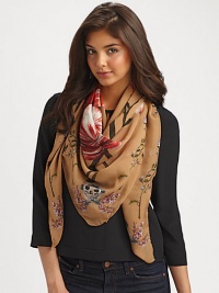 A vivid explosion of tulips, plus a skull and vine border add a must-have element to this elegantly edgy silk wrap.SilkAbout 55 X 55Dry cleanMade in Italy A vivid explosion of tulips, plus a skull and vine border add a must-have element to this elegantly edgy silk wrap.SilkAbout 55 X 55Dry cleanMade in Italy