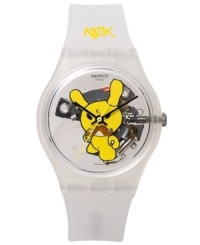 Designed by San Francisco artist Frank Kozik, this Dunny-printed Tennis Pro Swatch watch keeps your fashion fresh. Includes an 8-inch Dunny figurine and black gift box. Designed by San Francisco artist Frank Kozik, this Dunny-printed Tennis Pro Swatch watch keeps your fashion fresh. Includes an 8-inch Dunny figurine and black gift box.