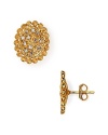 Melinda Maria's rough and tumble stud earrings blend antiqued gold with glittering cubic zirconia crystals. Wear them for a look that's glam not girlie.
