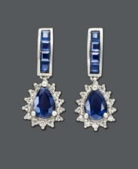 Dramatic dangling earrings are just the finishing touch. These royalty-inspired earrings feature pear-cut and square-cut sapphire (2-1/2 ct. t.w.) and round-cut diamond (1/4 ct. t.w.). Set in 14k white gold. Approximate drop: 1 inch. Dramatic dangling earrings are just the finishing touch. These royalty-inspired earrings feature pear-cut and square-cut sapphire (2-1/2 ct. t.w.) and round-cut diamond (1/4 ct. t.w.). Set in 14k white gold. Approximate drop: 1 inch.