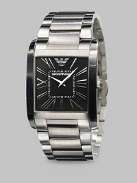 A modern classic designed with subtle Roman numeral markers and a sophisticated, stainless steel square bezel. Square bezel Quartz movement Water resistant to 3 ATM Stainless steel case: 36mm X 34.5mm (1.36) Stainless steel bracelet: 28mm (1.10) Imported 