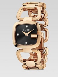 From the G-Gucci Collection. A warm style constructed of pink goldtone PVD and accented with dazzling diamonds. Swiss quartz movementWater resistant to 3 ATMRectangular goldtone PVD case, 24mm (.9) X 22.5mm (.8)Logo bezelBlack sun-brushed dialDiamond markersPink goldtone PVD link braceletMade in Switzerland From the G-Gucci Collection. A warm style constructed of pink goldtone PVD and accented with dazzling diamonds. Swiss quartz movementWater resistant to 3 ATMRectangular goldtone PVD case, 24mm (.9) X 22.5mm (.8)Logo bezelBlack sun-brushed dialDiamond markersPink goldtone PVD link braceletMade in Switzerland