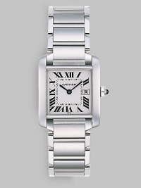 Stainless steel crown set with synthetic cabachon-shaped spinal has silver grained dial and stainless steel bracelet. Blue steel hands Case, 30.4mm X 25mm, 1.19 X 0.98 Case depth, 7mm, 0.28 Roman numerals, date Cartier caliber 057 quartz movement Water-resistant to 100 feet Band width, 18½mm, 0.73 Made in Switzerland Stainless steel crown set with synthetic cabachon-shaped spinal has silver grained dial and stainless steel bracelet. Blue steel hands Case, 30.4mm X 25mm, 1.19 X 0.98 Case depth, 7mm, 0.28 Roman numerals, date Cartier caliber 057 quartz movement Water-resistant to 100 feet Band width, 18½mm, 0.73 Made in Switzerland