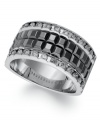 A sophisticated men's style, with a little shine too. Round-cut diamonds (3/4 ct. t.w.) decorate the edges, while two rows of black enamel add definition. Ring set in sterling silver. Size 10-1/2.