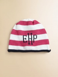 Sure to become a keepsake, this adorable hat combines both style and practicality in one great gift. Crafted in a combination of wide stripes with a rolled edge and the softness of pure cotton. CottonMachine washMade in USAFOR PERSONALIZATION Select a quantity, then scroll down and click on PERSONALIZE & ADD TO BAG to choose and preview your personalization options. Please allow 4-6 weeks for delivery. Sure to become a keepsake, this adorable hat combines both style and practicality in one great gift. Crafted in a combination of wide stripes with a rolled edge and the softness of pure cotton. CottonMachine washMade in USAFOR PERSONALIZATION Select a quantity, then scroll down and click on PERSONALIZE & ADD TO BAG to choose and preview your personalization options. Please allow 4-6 weeks for delivery.