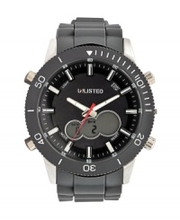 Sporty style, by Unlisted. Watch crafted of gray rubber strap and round silver tone mixed metal case with gray bezel. Black dial features stick indices, positive display digital subdials, luminous hour and minute hands, red second hand and logo. Quartz movement. Splash resistant. Two-year limited warranty. Sporty style, by Unlisted. Watch crafted of gray rubber strap and round silver tone mixed metal case with gray bezel. Black dial features stick indices, positive display digital subdials, luminous hour and minute hands, red second hand and logo. Quartz movement. Splash resistant. Two-year limited warranty.